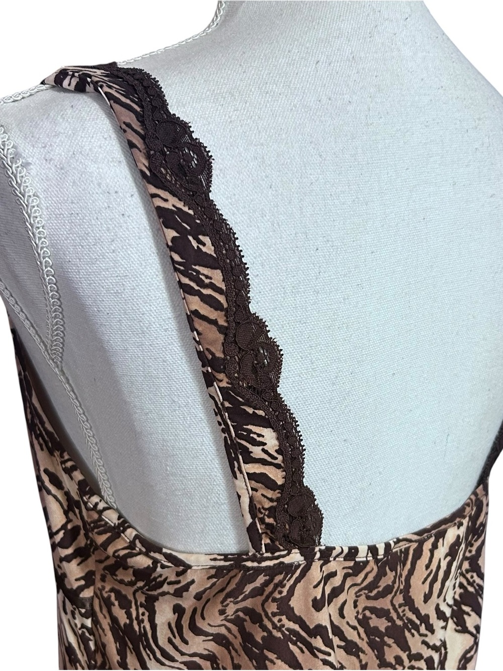 Vtg Linea Donatella Y2K Animal Print Babydoll Top Womens Size M Brown Lace 90s - Picture 5 of 11